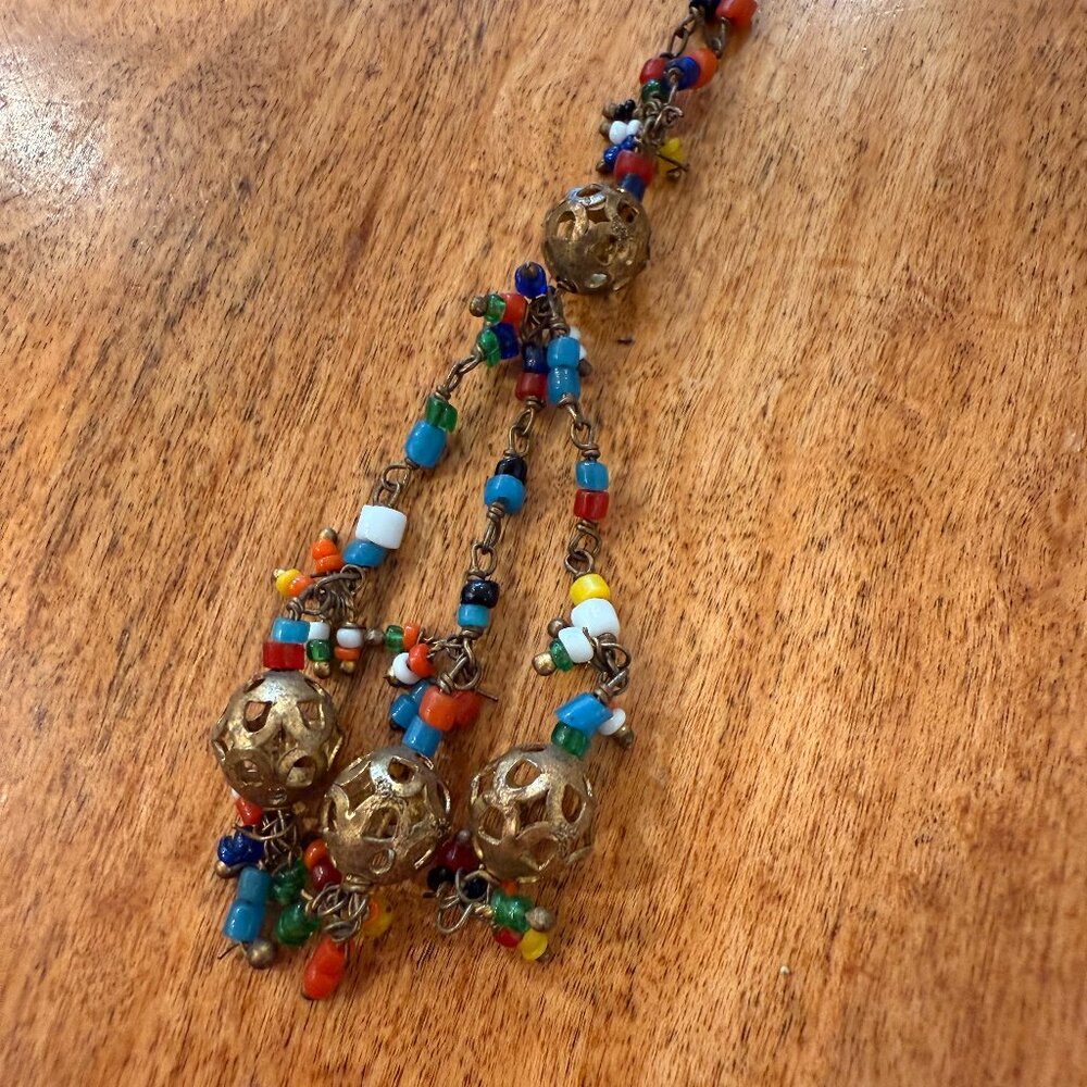 Funky Brass-Tone & Colorful Bead Dangly Long Necklace